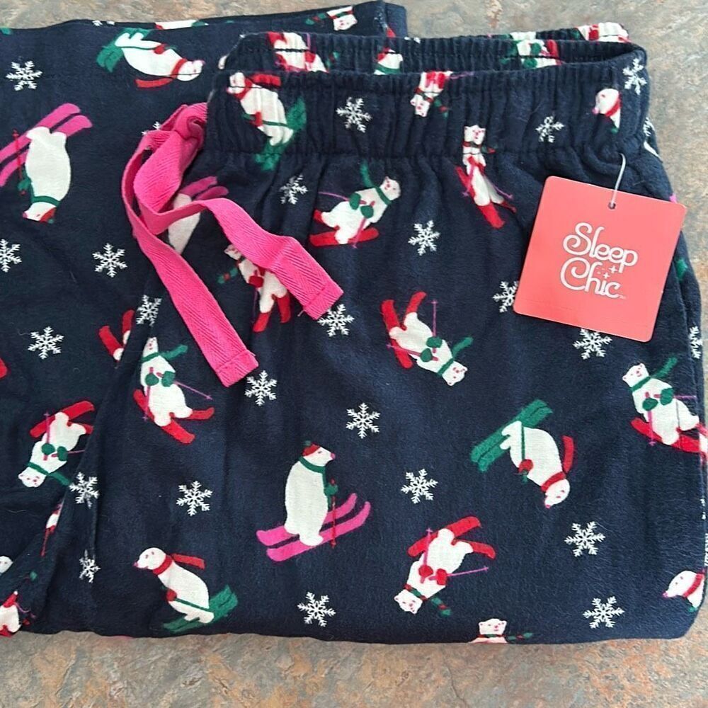 Sleep Chic Flannel Pajama Pants skiing Polar Bears NWT Small